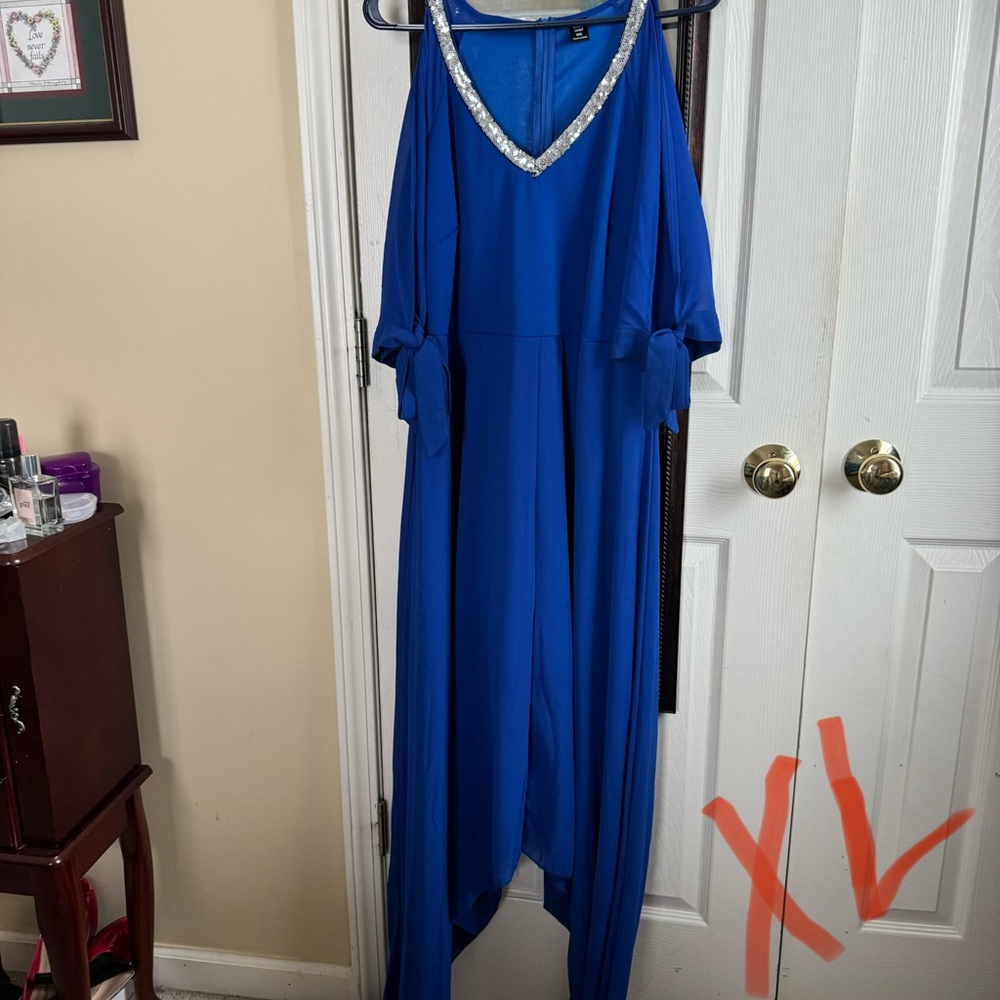 Elegant Blue Jumpsuit with Rhinestone Detail